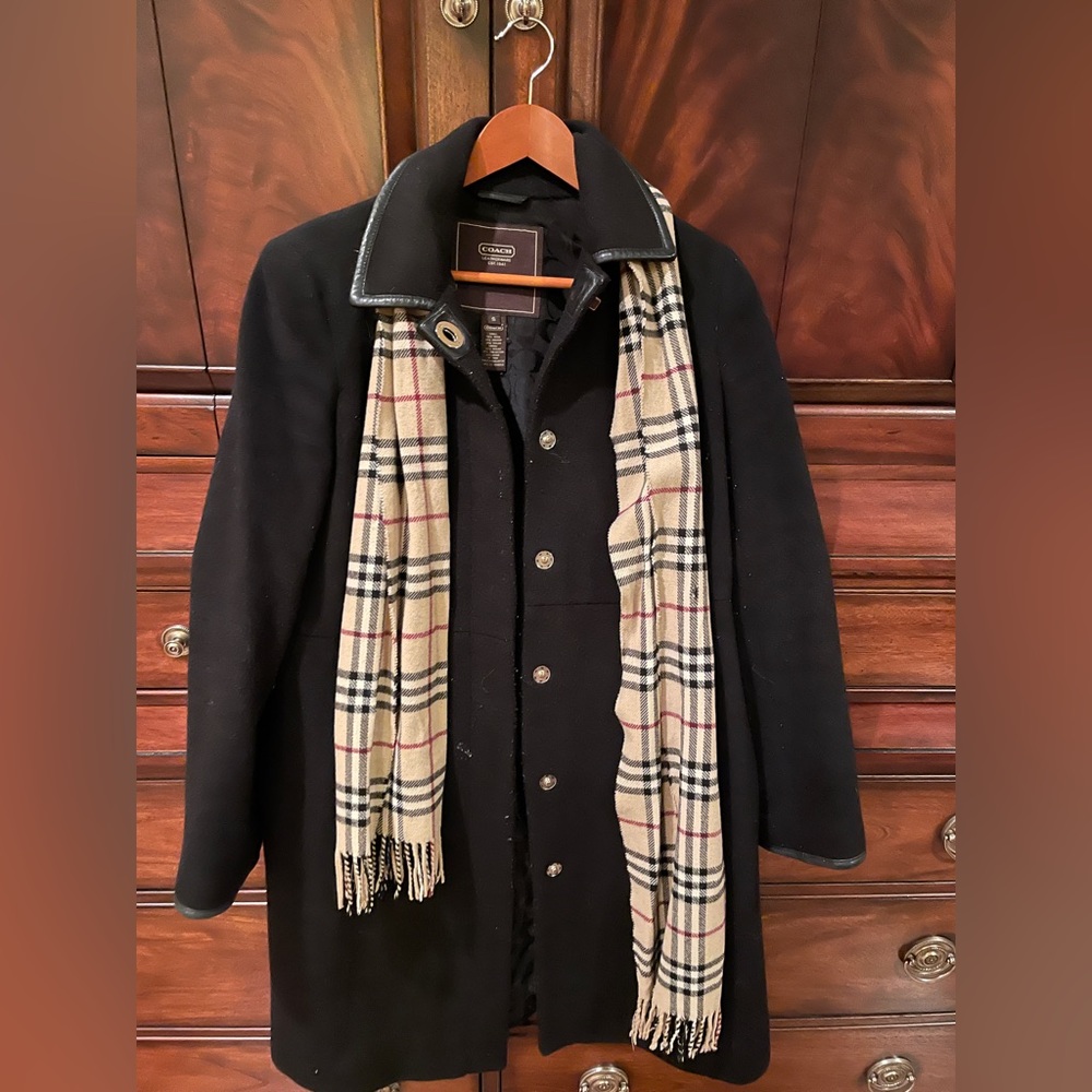 COACH Womens Coat Jacket Black With Leather Trim Size XS Mohair Wool Blend Long